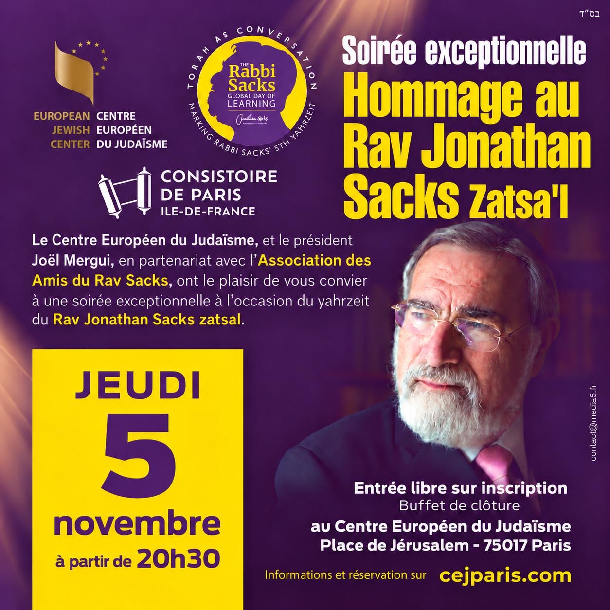 Soirée d’hommage au Rav Jonathan Sacks Zatsa&rsquo;l